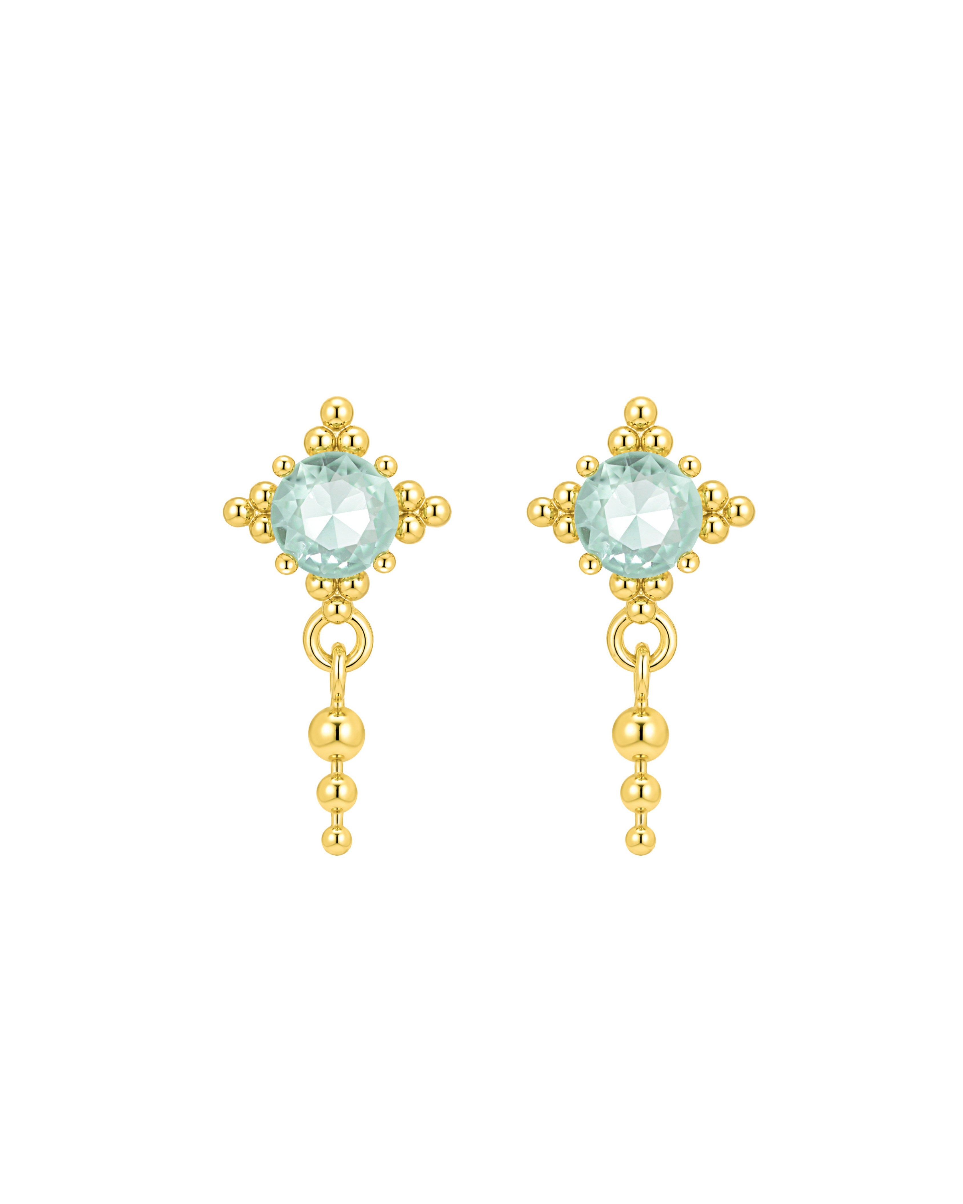 A pair of gold dangle earrings featuring a round light blue-green gemstone in a floral cluster setting, with a dangling beaded chain below, shown on a plain white background.