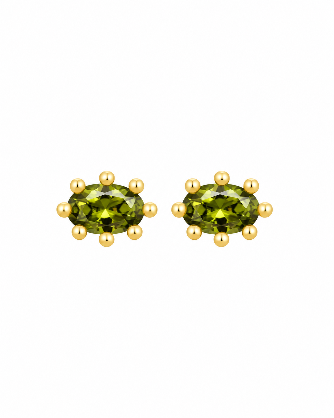 Pebla gold-plated sculptural hoop earrings with green stone on a white background