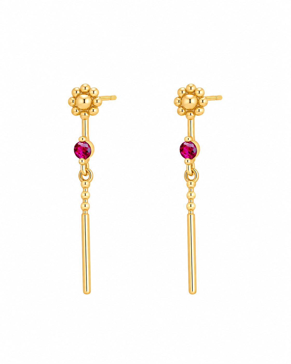 Quinn gold-plated floral drop earrings with ruby stone on a white background