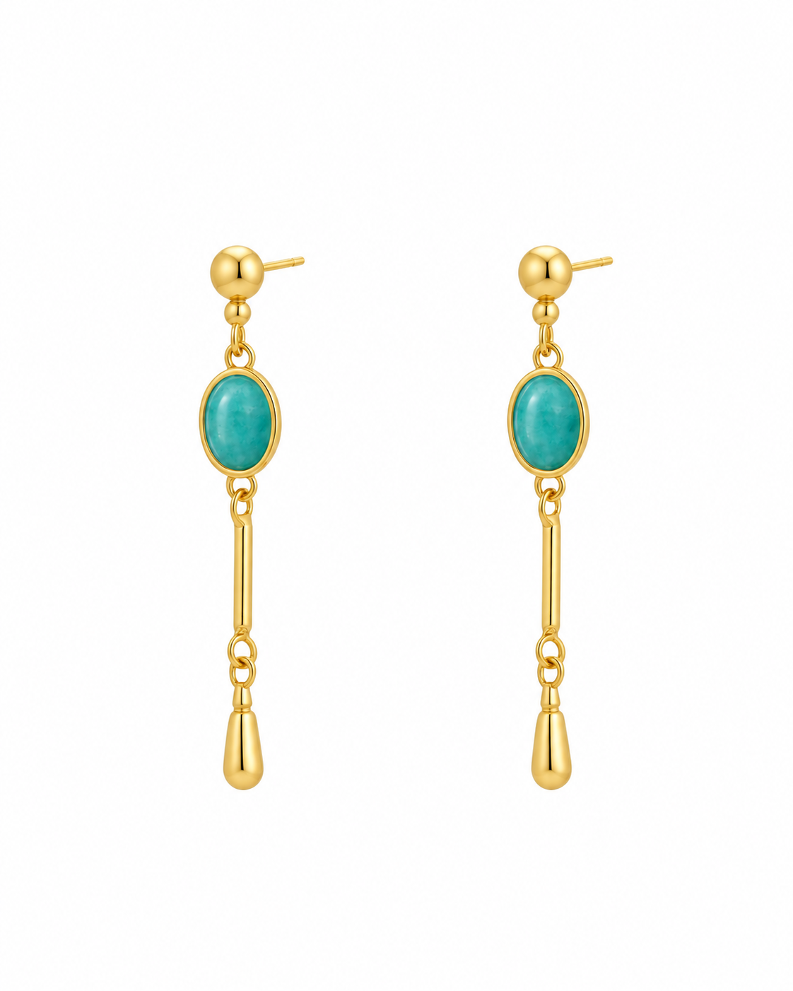 Wink gold-plated sculptural drop earrings with blue enamel on a white background