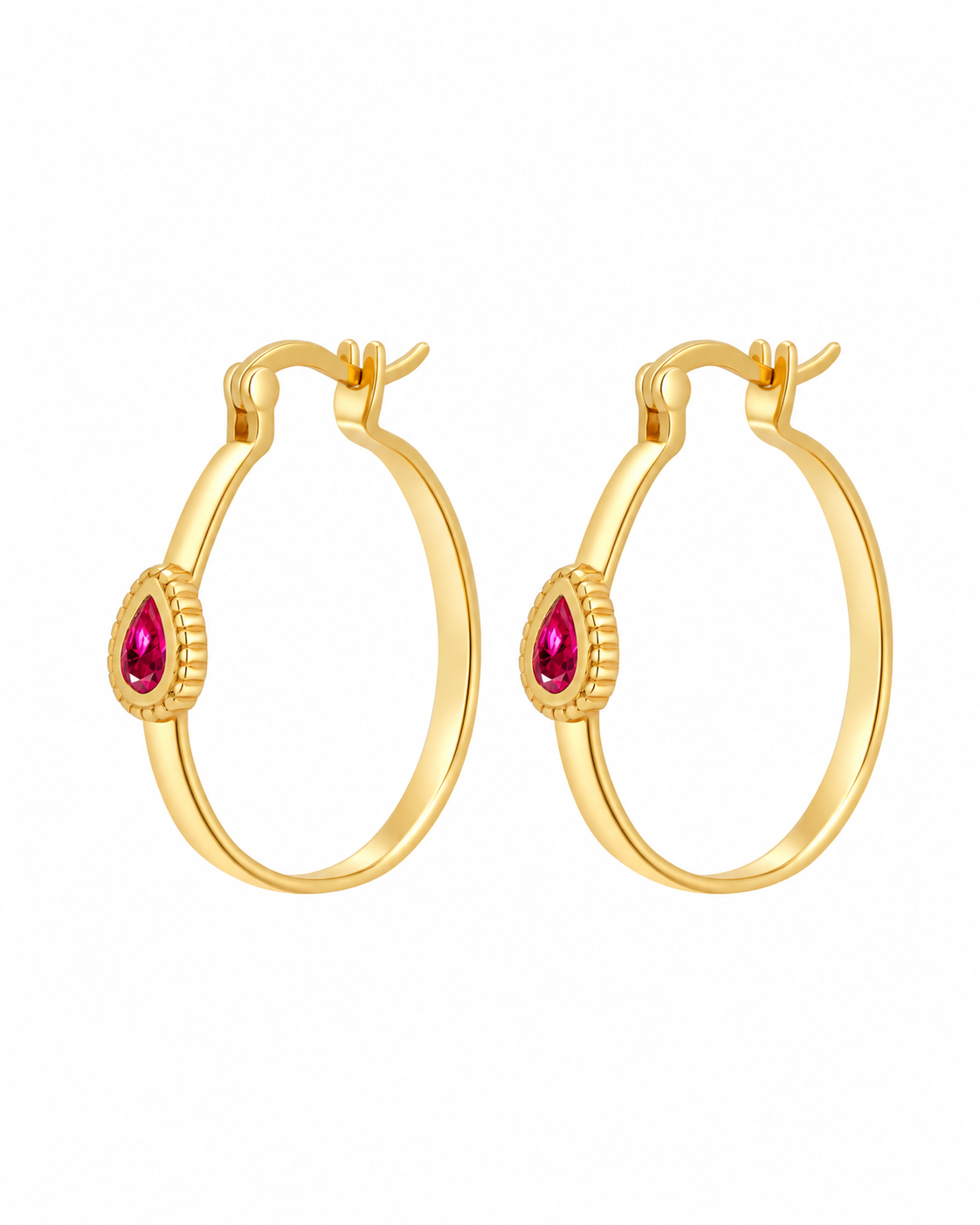 Bala gold-plated textured hoop earrings with ruby stone on a white background