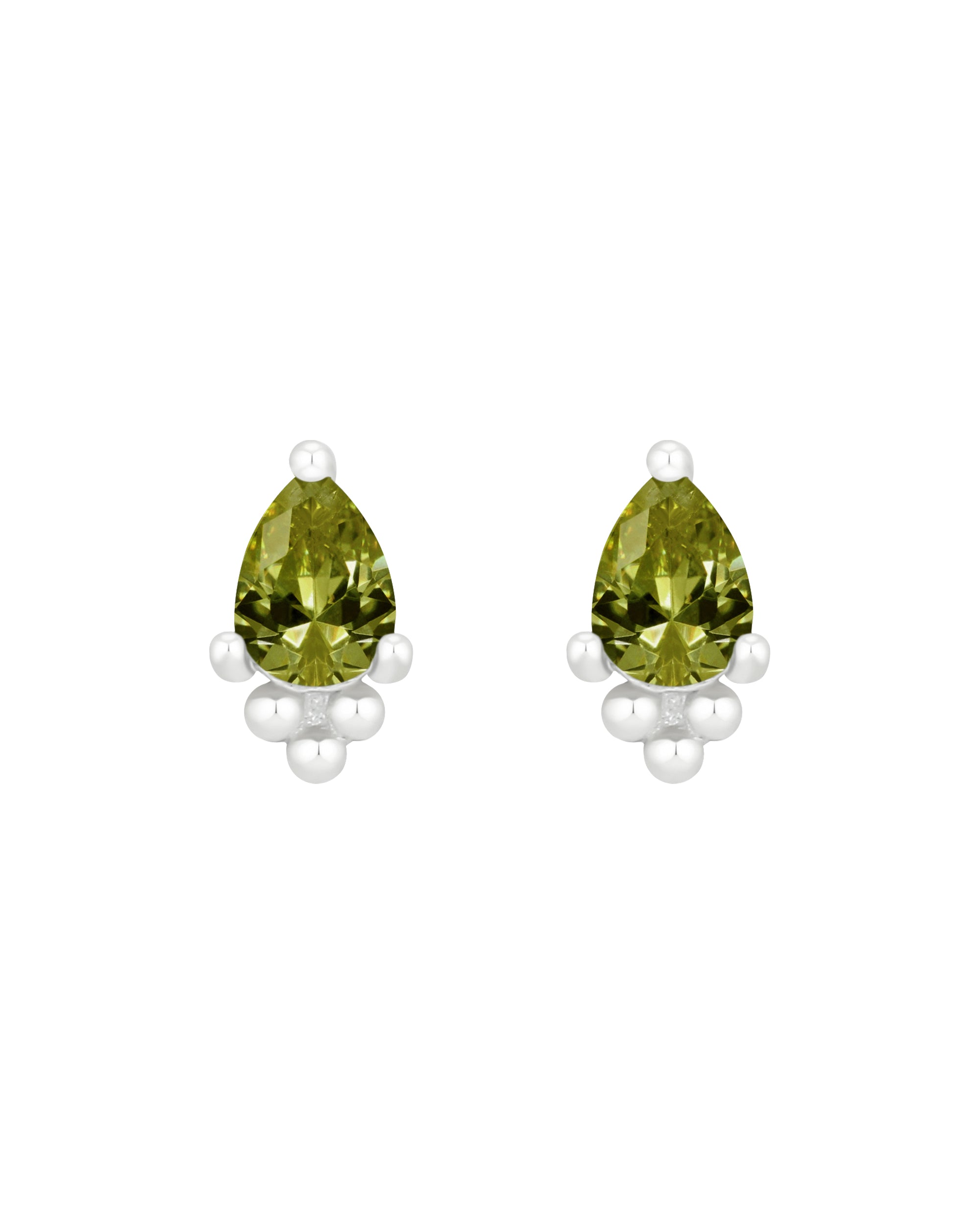 Pair of green teardrop earrings with white accents on a white background