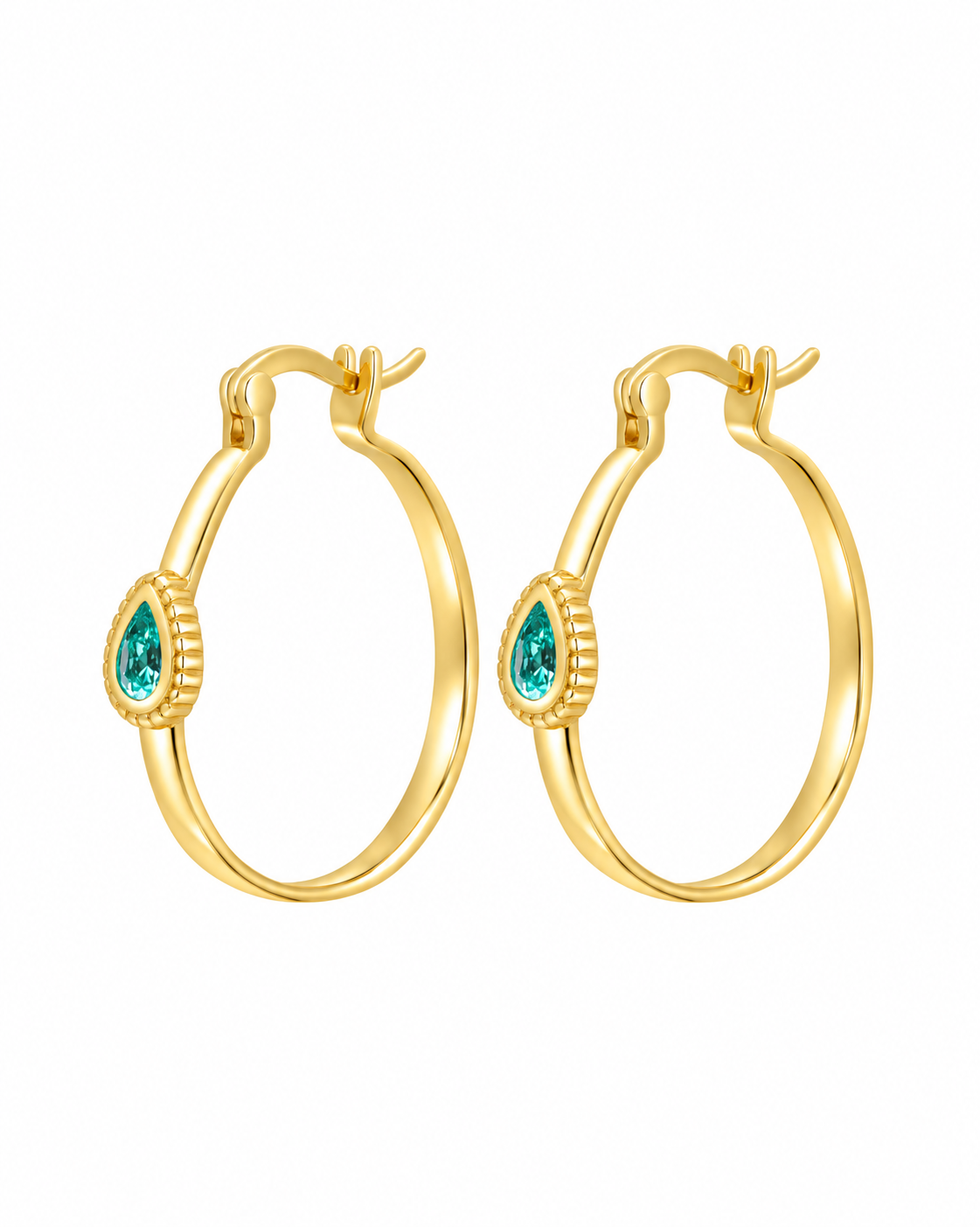 Bala gold-plated textured hoop earrings with teal stone on a white background