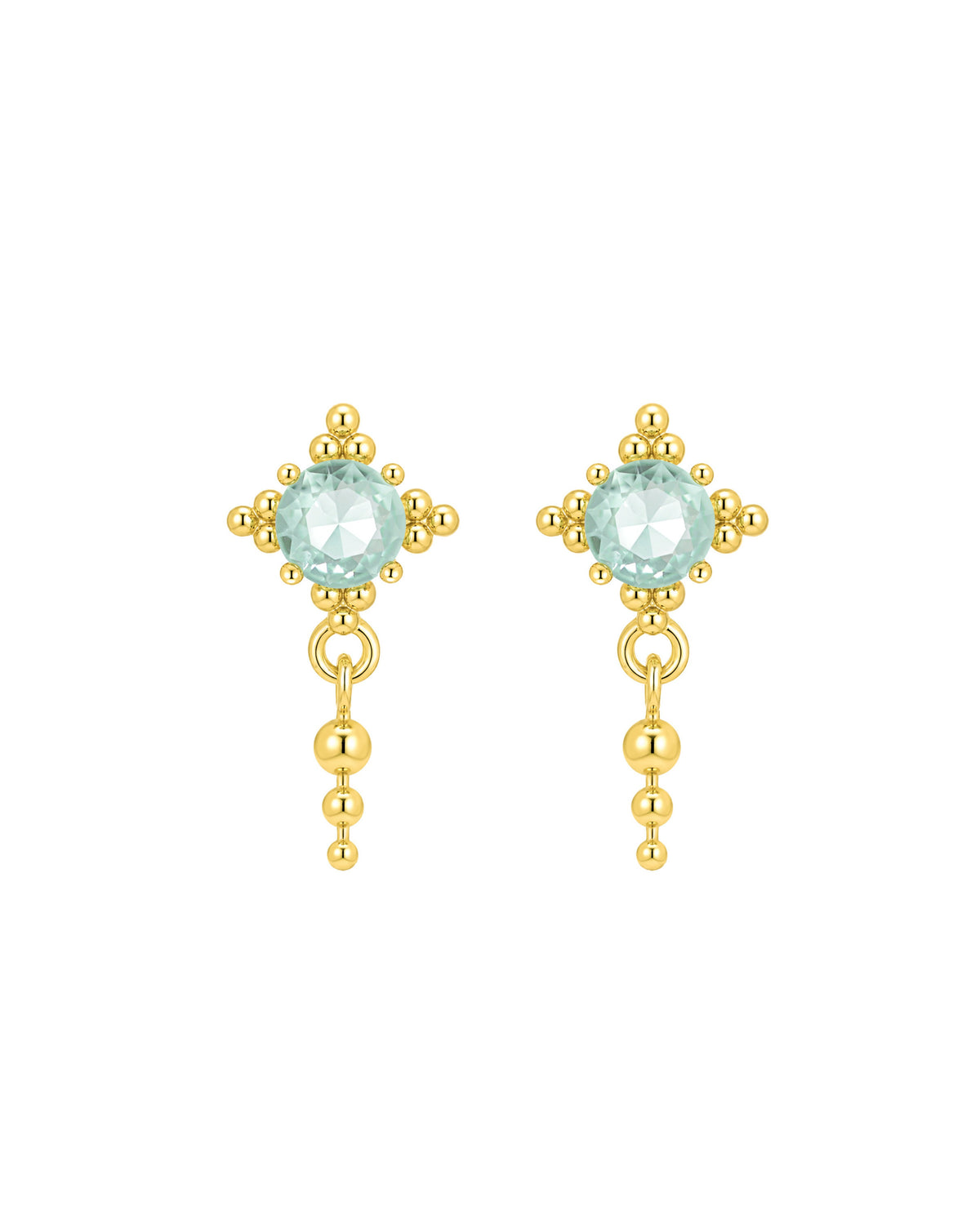 A pair of gold dangle earrings featuring a round light blue-green gemstone in a floral cluster setting, with a dangling beaded chain below, shown on a plain white background.