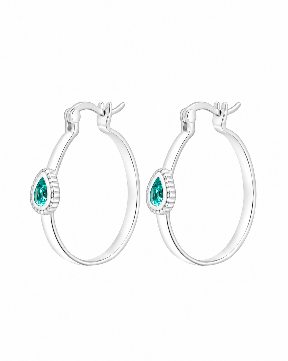 Bala sterling silver textured hoop earrings with teal stone on a white background