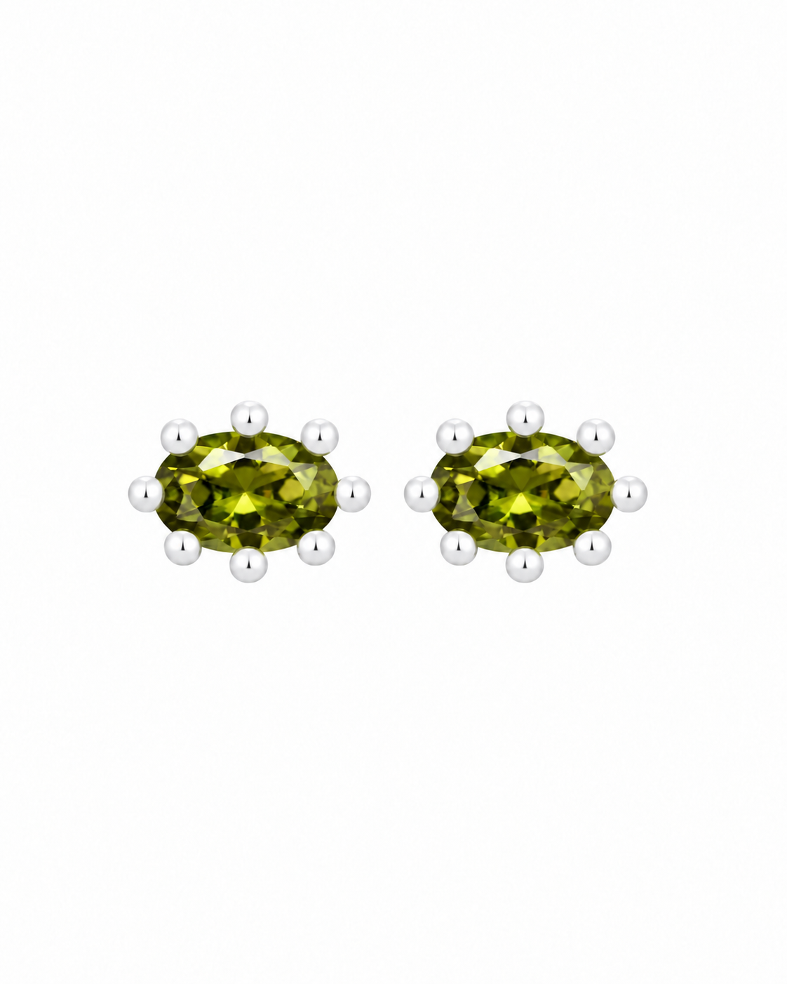 Pebla sterling silver sculptural stud earrings with green stone on a white background