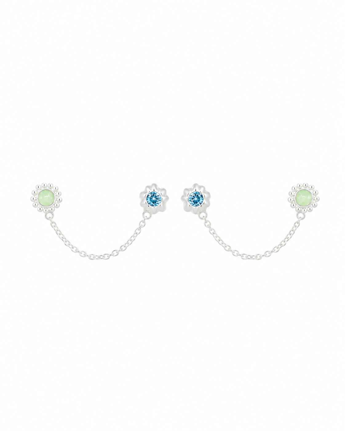 Fenn sterling silver flower stud earrings with aqua stone on a white background