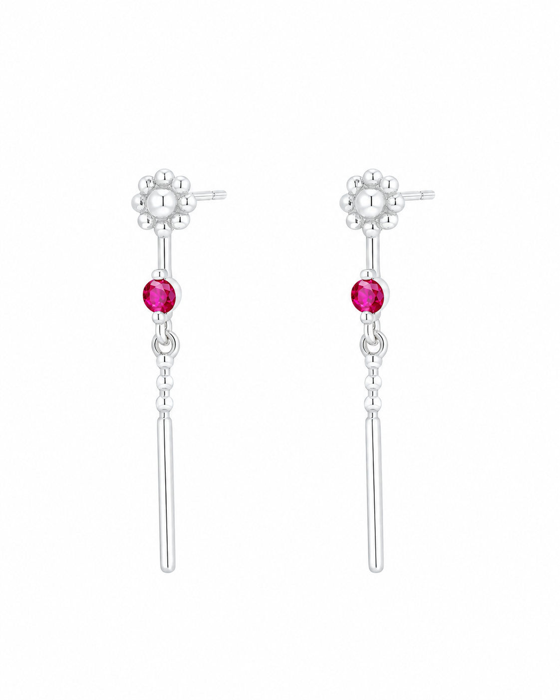Quinn sterling silver floral drop earrings with ruby stone on a white background