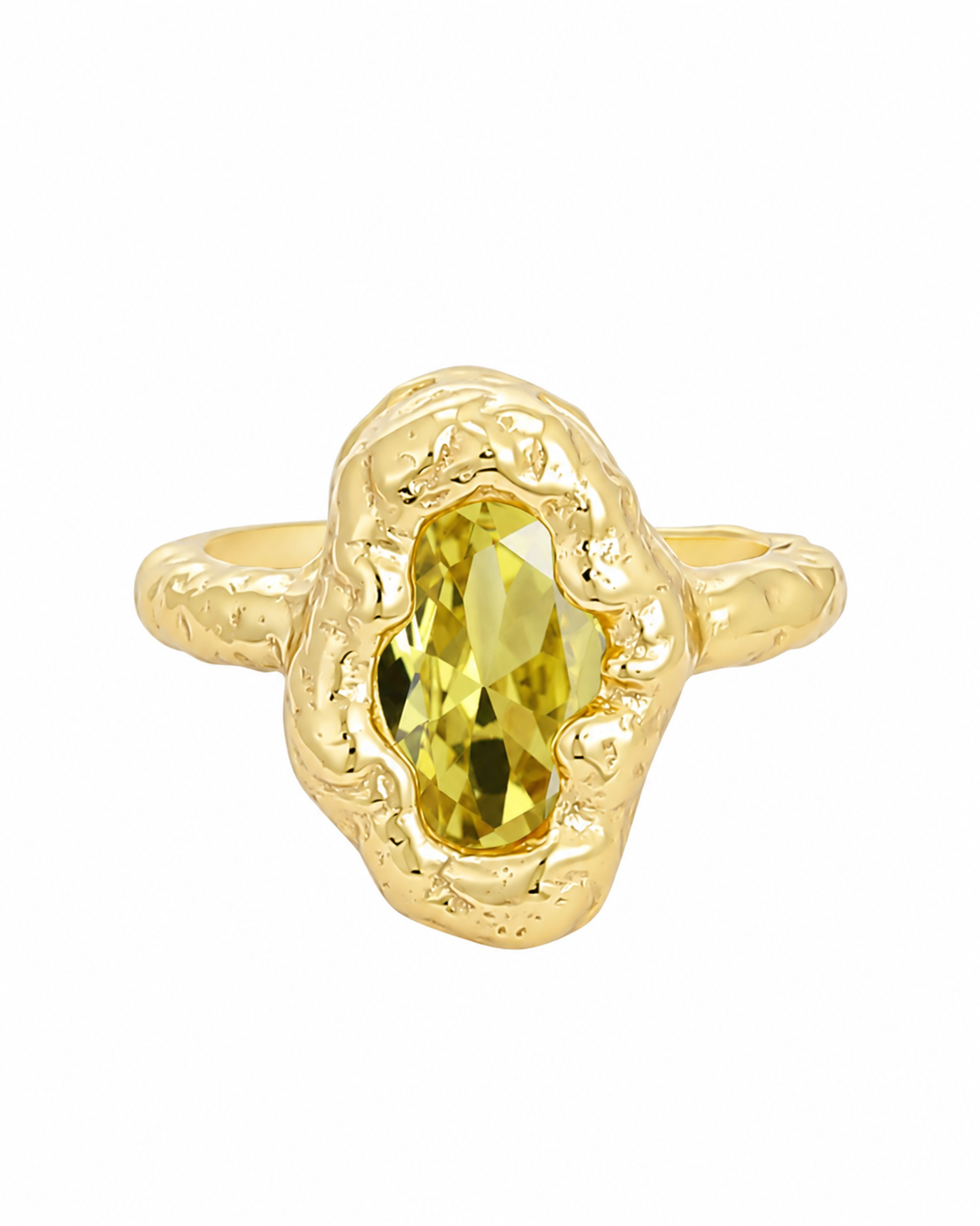 Bossy gold-plated molten ring with green stone on a white background