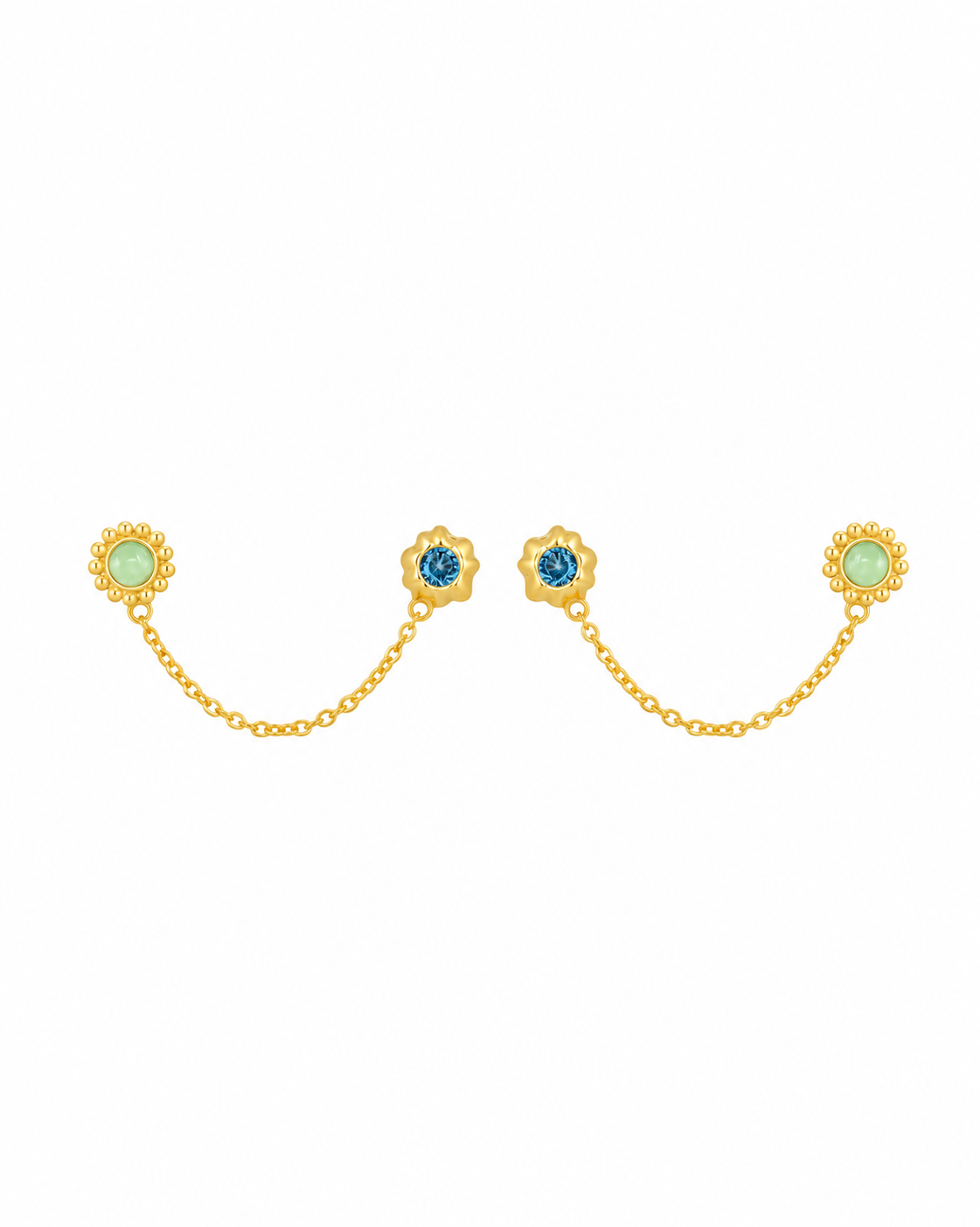 Fenn gold-plated flower stud earrings with aqua stone on a white background