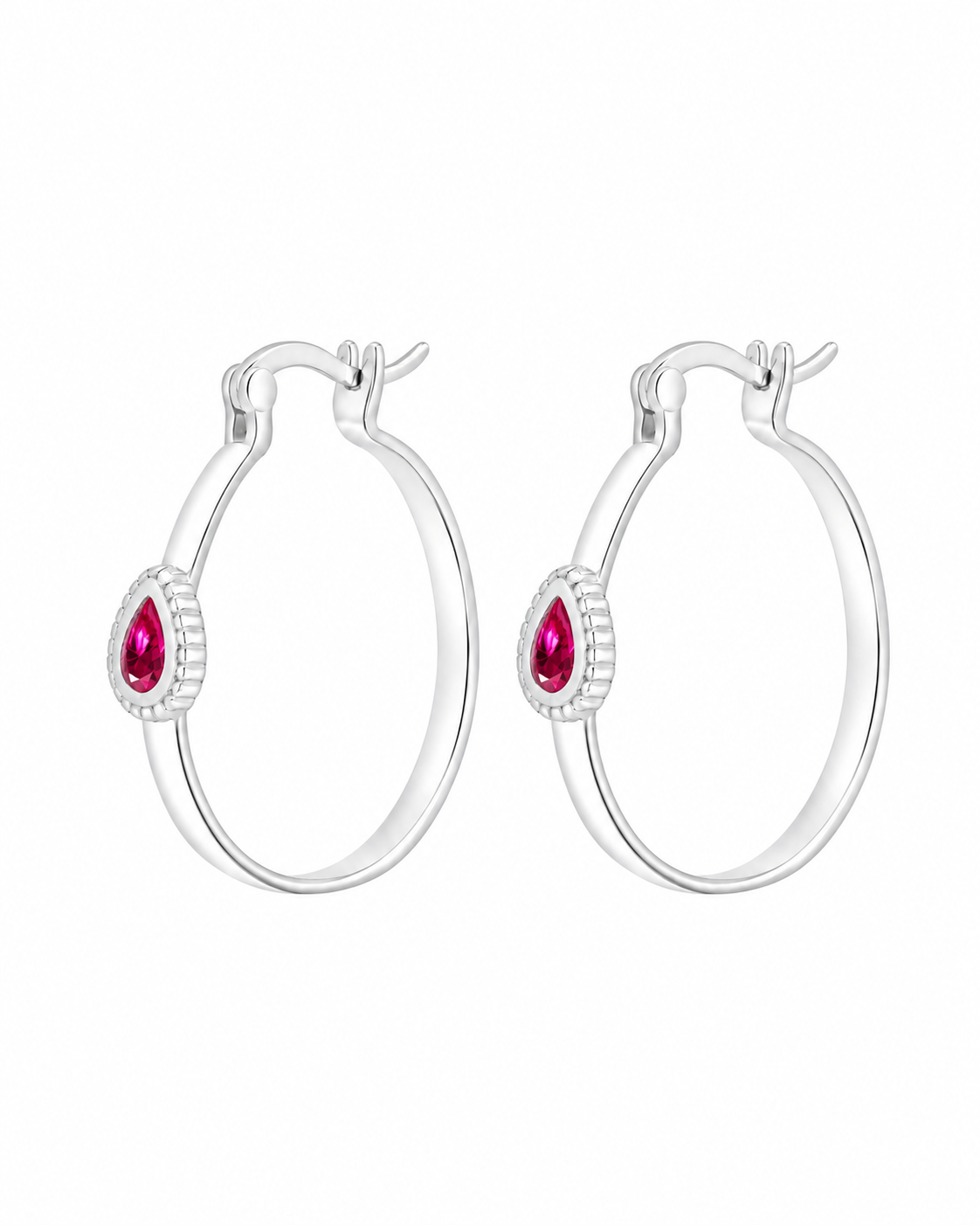 Bala sterling silver textured hoop earrings with ruby stone on a white background