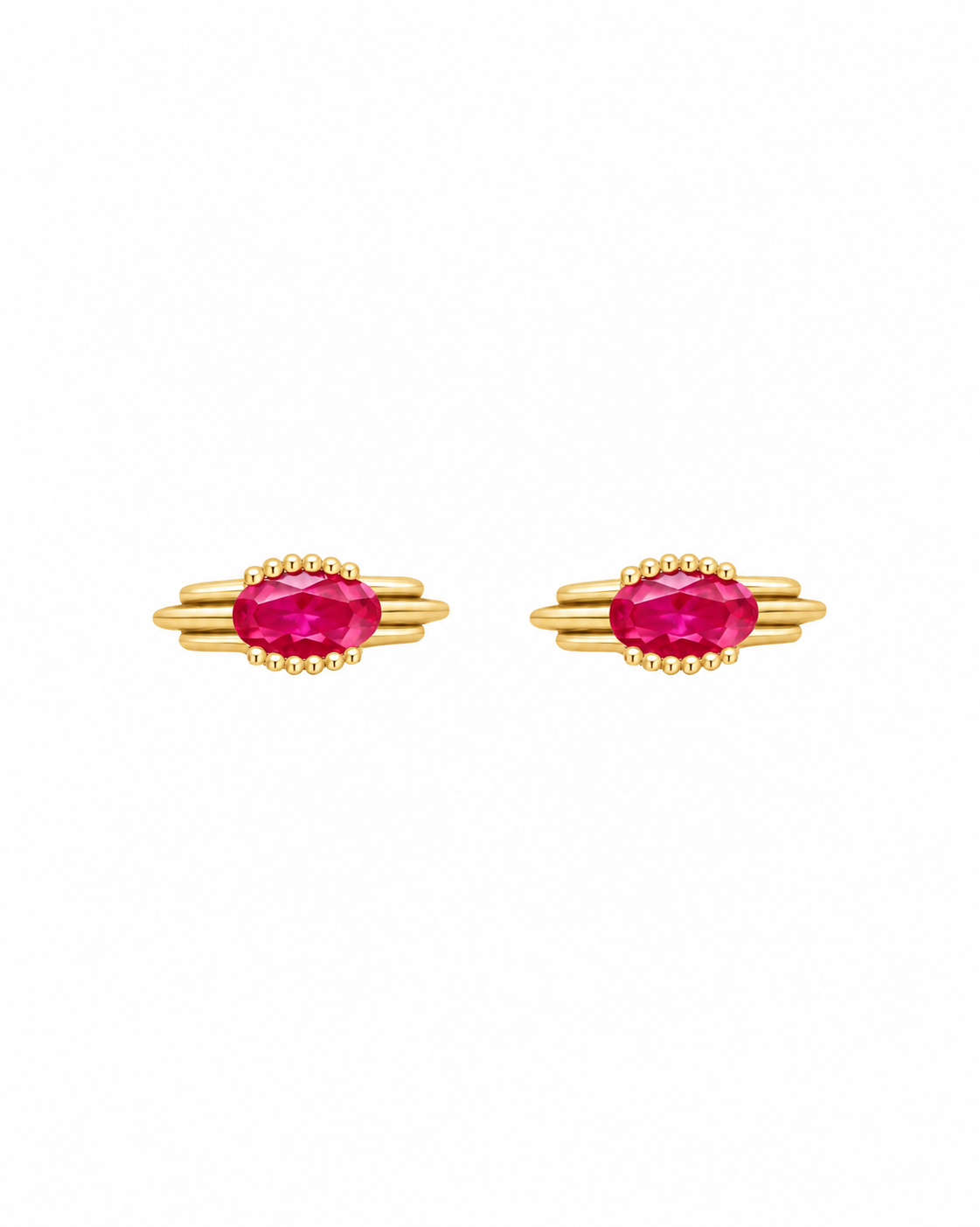 Kiki gold-plated stud earrings with ruby stone on a white background