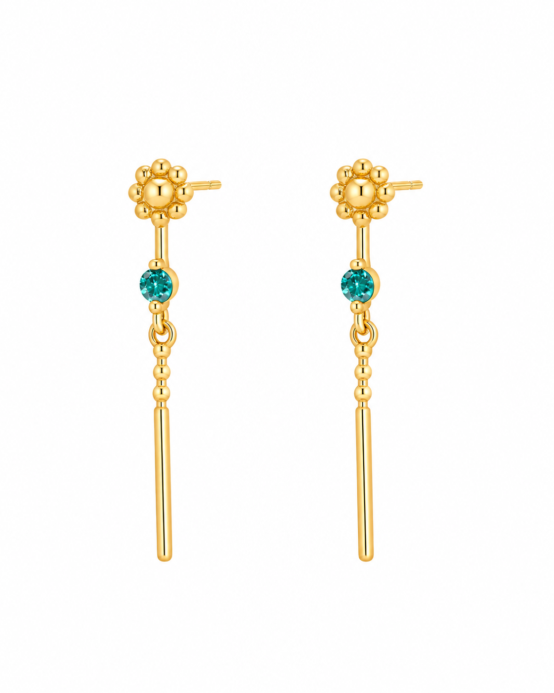 Quinn gold-plated floral drop earrings with teal stone on a white background