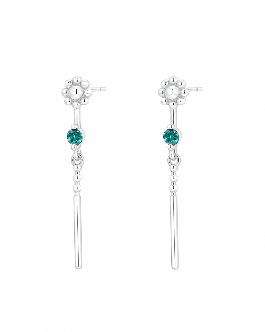 Quinn sterling silver floral drop earrings with teal stone on a white background