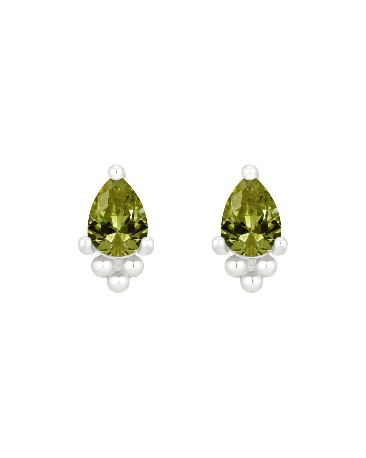 Pair of green teardrop earrings with white accents on a white background