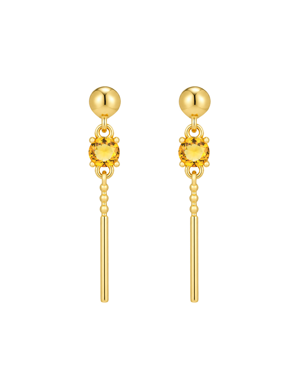 Veda Gold Earrings - ball stud with yellow-orange glass gemstone and beaded bar drop