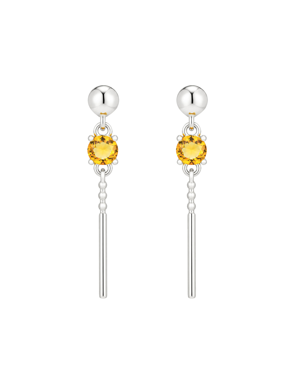Veda Silver Earrings - ball stud with yellow-orange glass gemstone and beaded bar drop