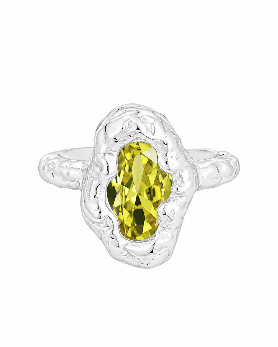 Bossy sterling silver molten ring with green stone on a white background